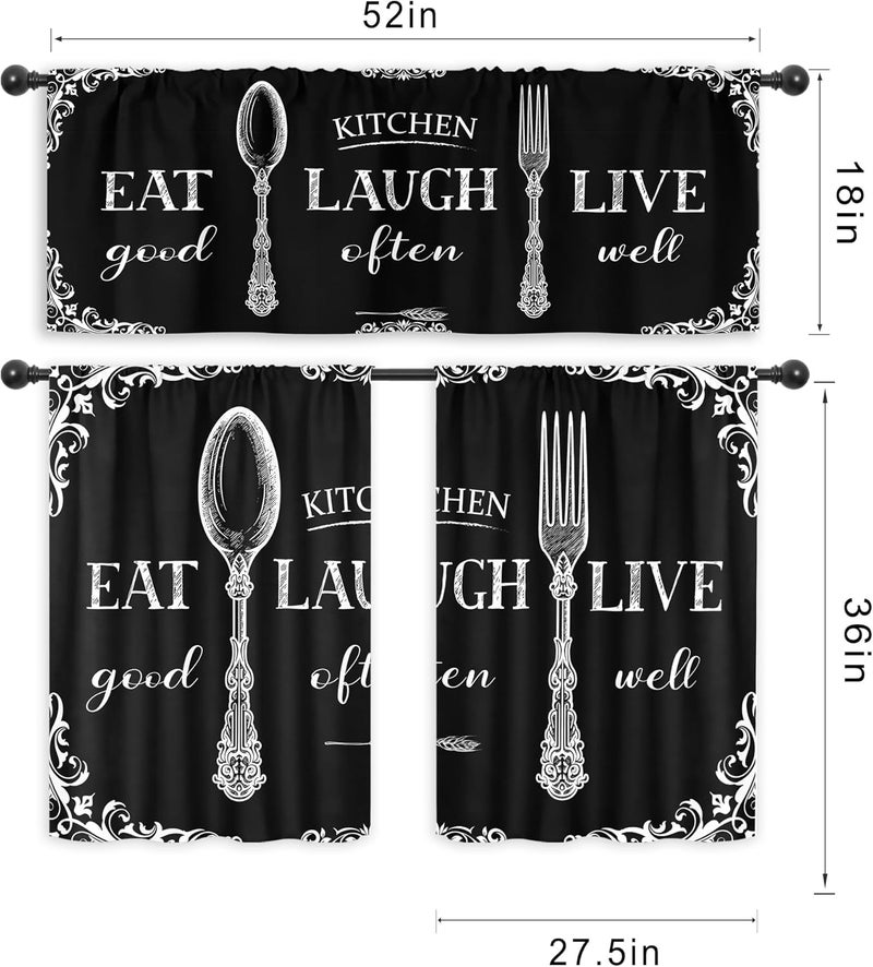 Riyidecor Black White Vintage Kitchen Curtains and Valances 3 Piece Set Rod Pocket 36 Inch Short Farmhouse Eat Good Laugh Often Live Well Funny Quotes Simple Bedroom Living Room Treatment Fabric - Image 2
